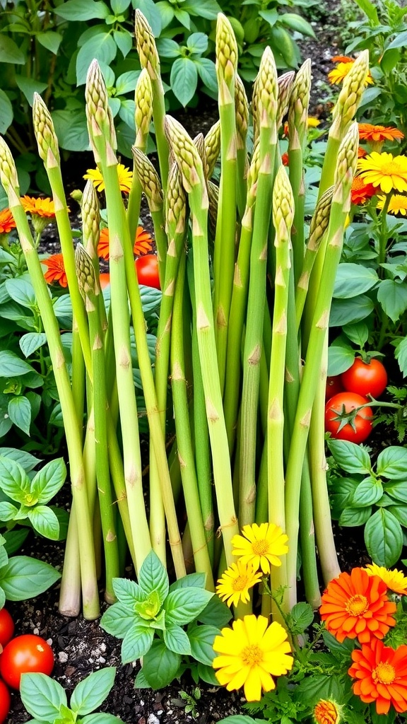 A garden bed with asparagus, tomatoes, basil, and marigolds thriving together.
